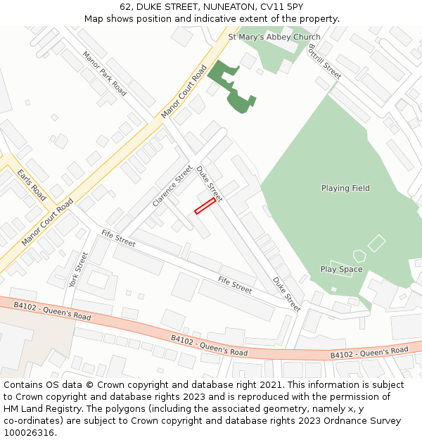62, DUKE STREET, NUNEATON, CV11 5PY: Location map and indicative extent of plot