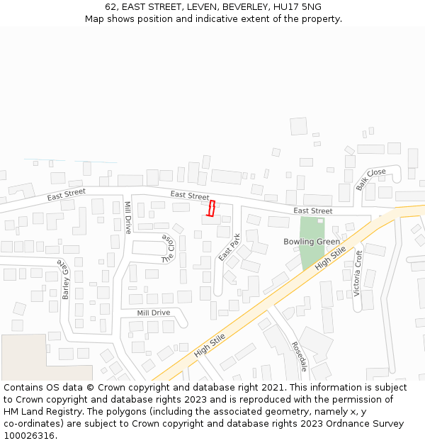 62, EAST STREET, LEVEN, BEVERLEY, HU17 5NG: Location map and indicative extent of plot