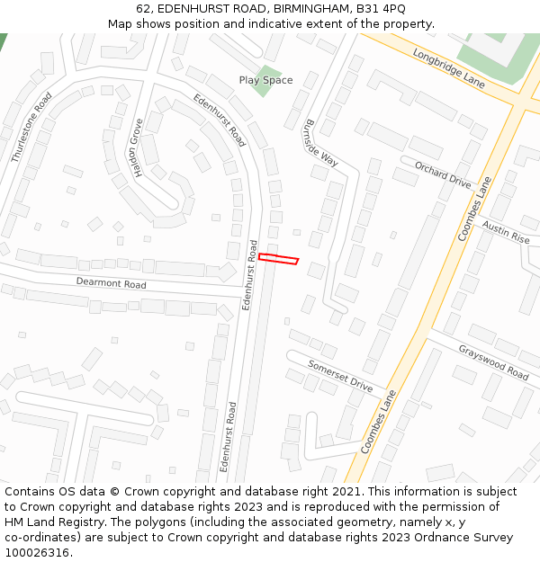 62, EDENHURST ROAD, BIRMINGHAM, B31 4PQ: Location map and indicative extent of plot