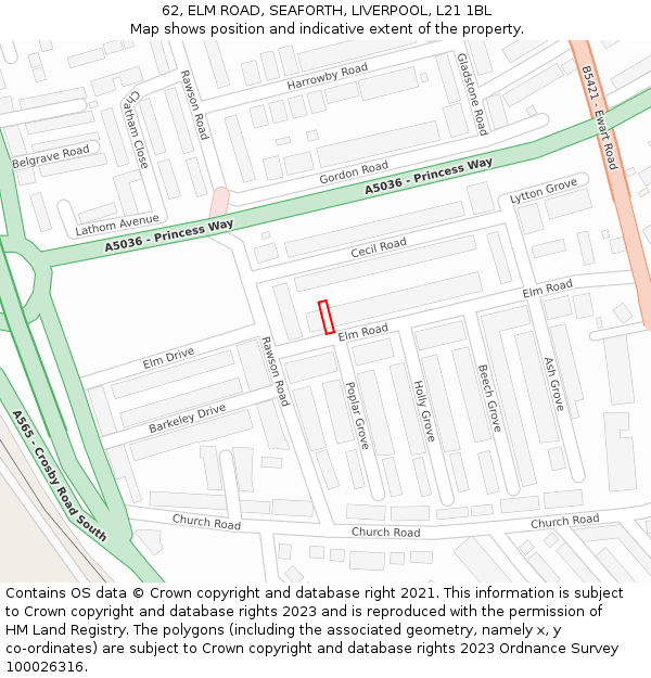 62, ELM ROAD, SEAFORTH, LIVERPOOL, L21 1BL: Location map and indicative extent of plot