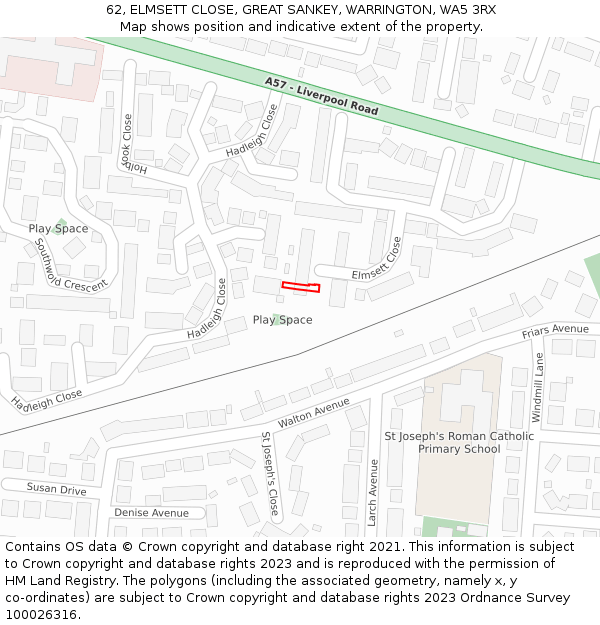 62, ELMSETT CLOSE, GREAT SANKEY, WARRINGTON, WA5 3RX: Location map and indicative extent of plot