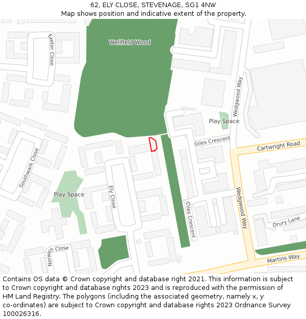 62, ELY CLOSE, STEVENAGE, SG1 4NW: Location map and indicative extent of plot
