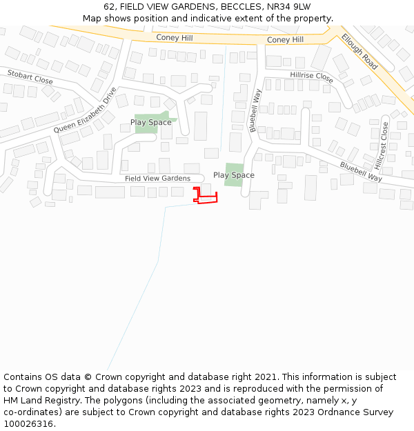 62, FIELD VIEW GARDENS, BECCLES, NR34 9LW: Location map and indicative extent of plot