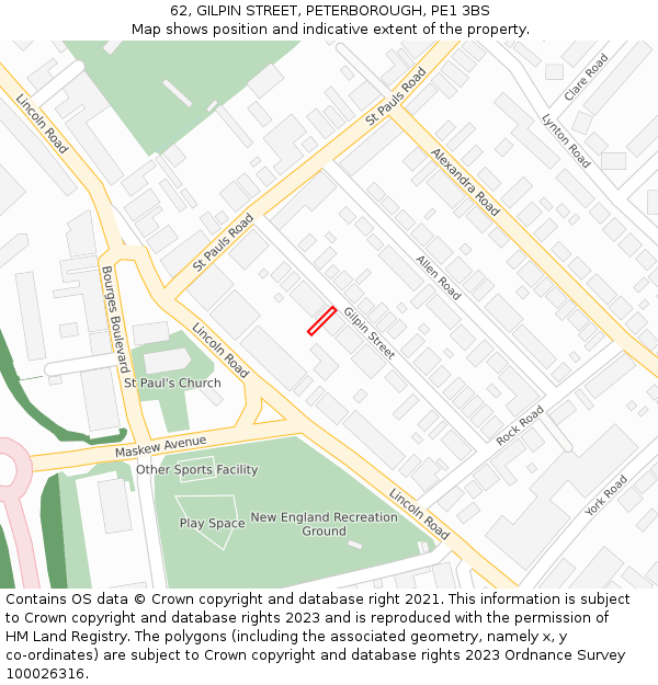 62, GILPIN STREET, PETERBOROUGH, PE1 3BS: Location map and indicative extent of plot