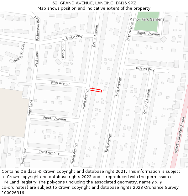62, GRAND AVENUE, LANCING, BN15 9PZ: Location map and indicative extent of plot