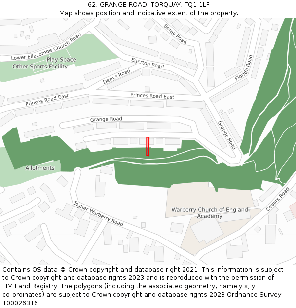 62, GRANGE ROAD, TORQUAY, TQ1 1LF: Location map and indicative extent of plot