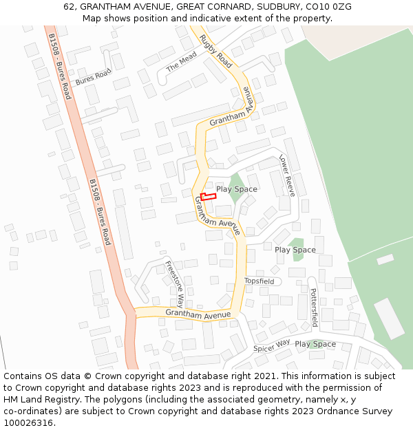 62, GRANTHAM AVENUE, GREAT CORNARD, SUDBURY, CO10 0ZG: Location map and indicative extent of plot
