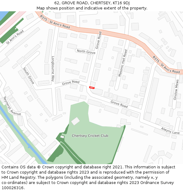 62, GROVE ROAD, CHERTSEY, KT16 9DJ: Location map and indicative extent of plot