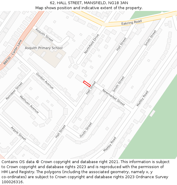 62, HALL STREET, MANSFIELD, NG18 3AN: Location map and indicative extent of plot