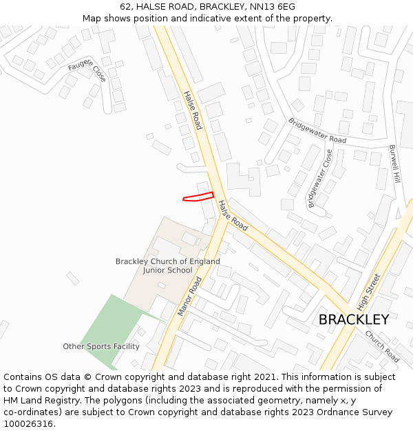 62, HALSE ROAD, BRACKLEY, NN13 6EG: Location map and indicative extent of plot