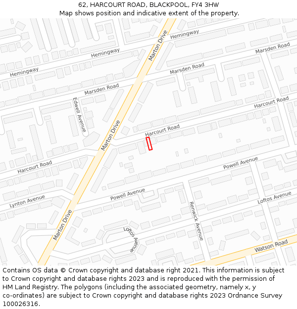 62, HARCOURT ROAD, BLACKPOOL, FY4 3HW: Location map and indicative extent of plot