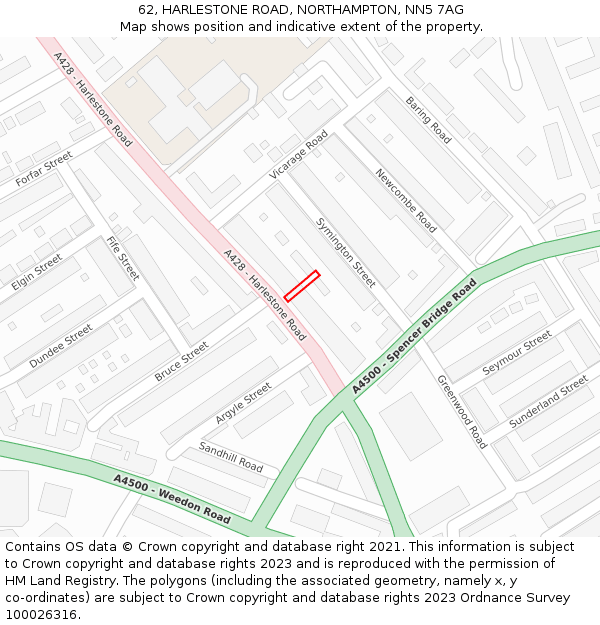 62, HARLESTONE ROAD, NORTHAMPTON, NN5 7AG: Location map and indicative extent of plot