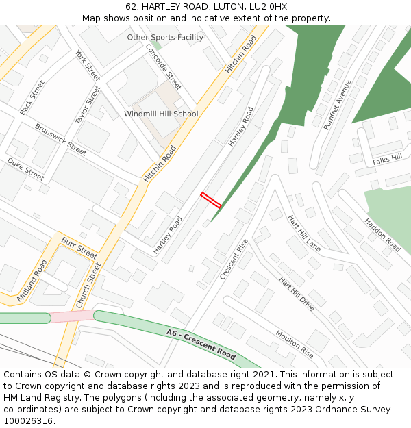 62, HARTLEY ROAD, LUTON, LU2 0HX: Location map and indicative extent of plot