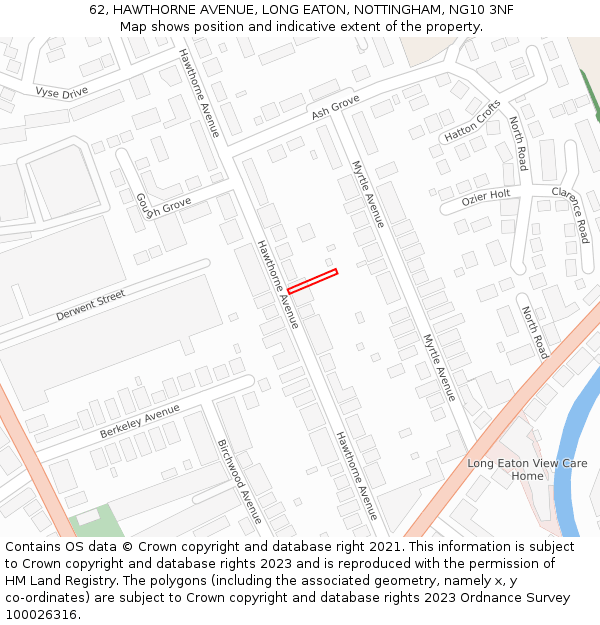 62, HAWTHORNE AVENUE, LONG EATON, NOTTINGHAM, NG10 3NF: Location map and indicative extent of plot