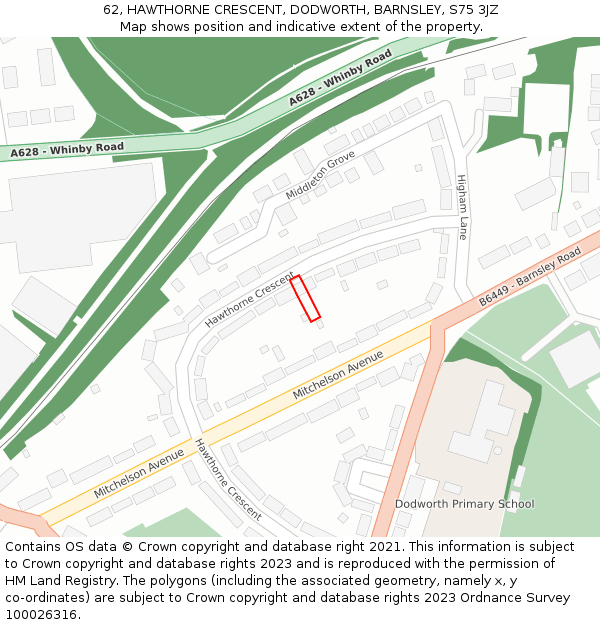 62, HAWTHORNE CRESCENT, DODWORTH, BARNSLEY, S75 3JZ: Location map and indicative extent of plot