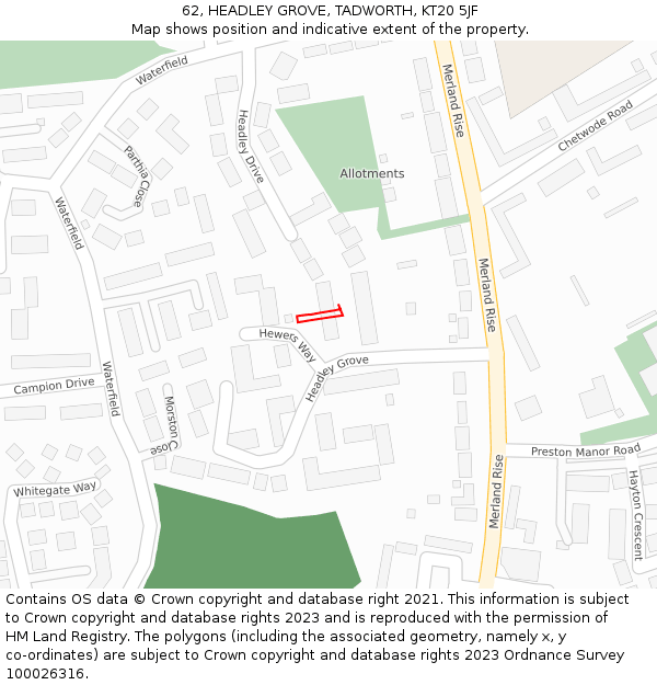 62, HEADLEY GROVE, TADWORTH, KT20 5JF: Location map and indicative extent of plot
