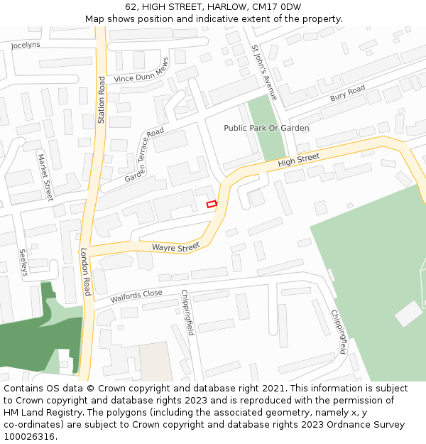 62, HIGH STREET, HARLOW, CM17 0DW: Location map and indicative extent of plot