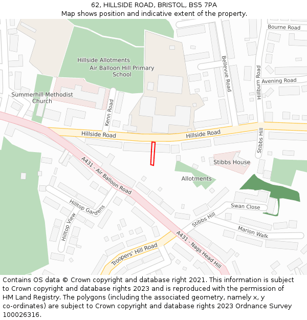 62, HILLSIDE ROAD, BRISTOL, BS5 7PA: Location map and indicative extent of plot
