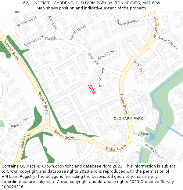 62, HINDEMITH GARDENS, OLD FARM PARK, MILTON KEYNES, MK7 8PW: Location map and indicative extent of plot