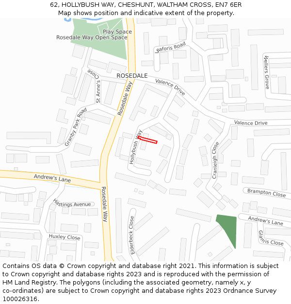 62, HOLLYBUSH WAY, CHESHUNT, WALTHAM CROSS, EN7 6ER: Location map and indicative extent of plot