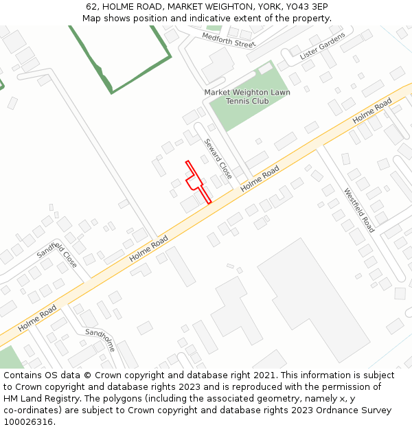 62, HOLME ROAD, MARKET WEIGHTON, YORK, YO43 3EP: Location map and indicative extent of plot