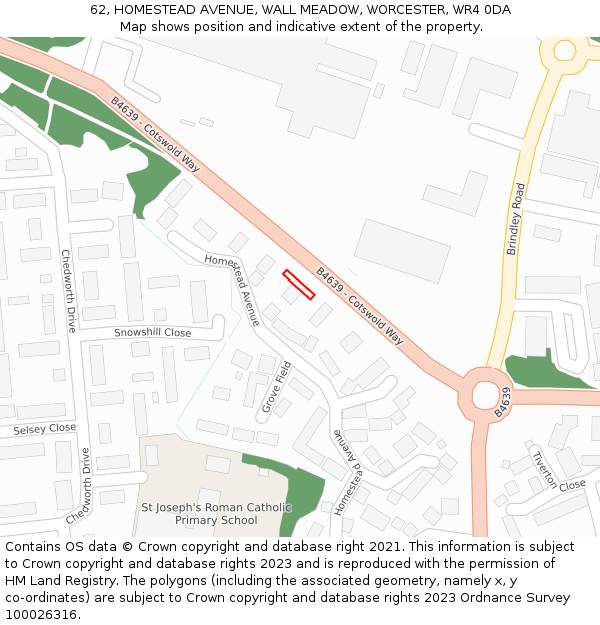 62, HOMESTEAD AVENUE, WALL MEADOW, WORCESTER, WR4 0DA: Location map and indicative extent of plot