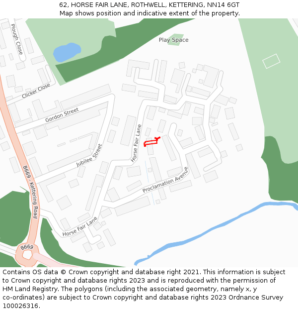 62, HORSE FAIR LANE, ROTHWELL, KETTERING, NN14 6GT: Location map and indicative extent of plot