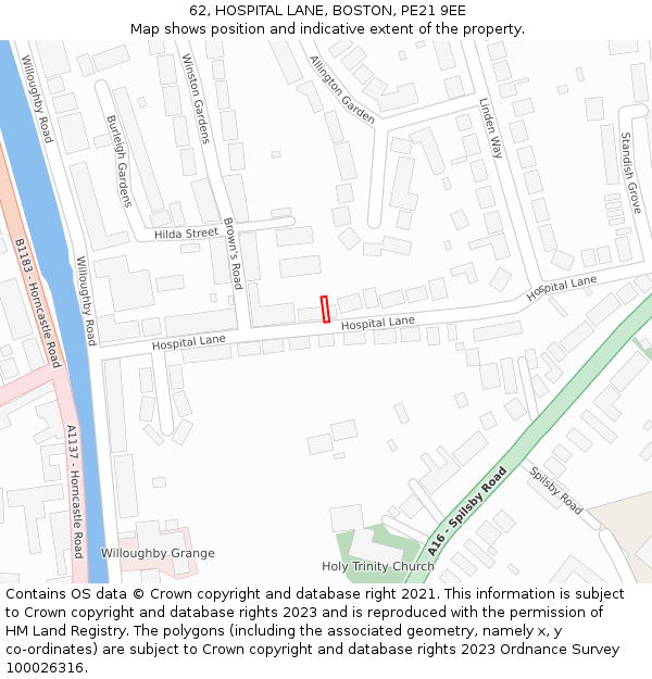62, HOSPITAL LANE, BOSTON, PE21 9EE: Location map and indicative extent of plot