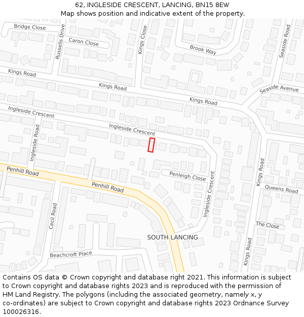 62, INGLESIDE CRESCENT, LANCING, BN15 8EW: Location map and indicative extent of plot
