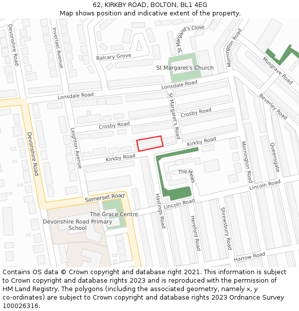 62, KIRKBY ROAD, BOLTON, BL1 4EG: Location map and indicative extent of plot