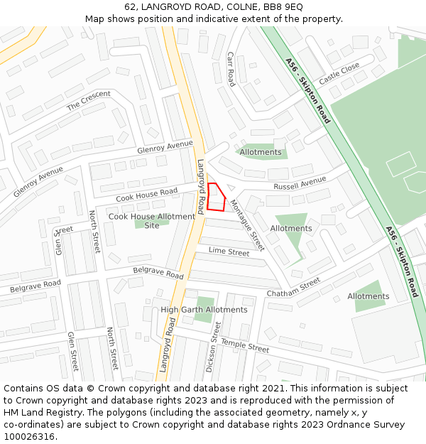 62, LANGROYD ROAD, COLNE, BB8 9EQ: Location map and indicative extent of plot