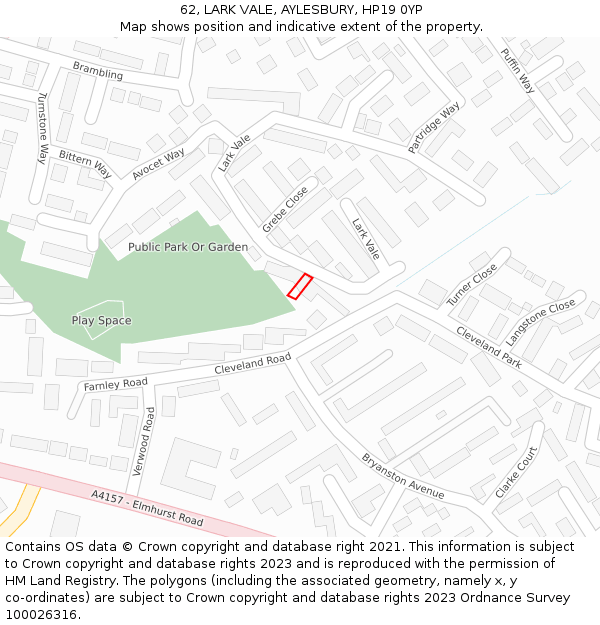 62, LARK VALE, AYLESBURY, HP19 0YP: Location map and indicative extent of plot