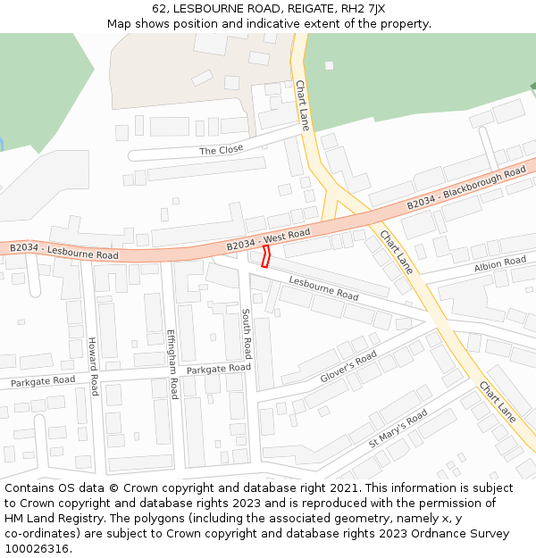 62, LESBOURNE ROAD, REIGATE, RH2 7JX: Location map and indicative extent of plot