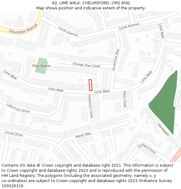 62, LIME WALK, CHELMSFORD, CM2 9NQ: Location map and indicative extent of plot