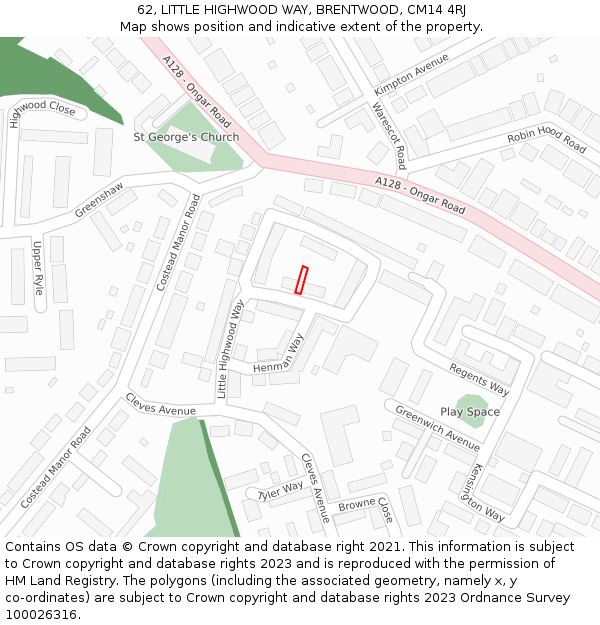 62, LITTLE HIGHWOOD WAY, BRENTWOOD, CM14 4RJ: Location map and indicative extent of plot