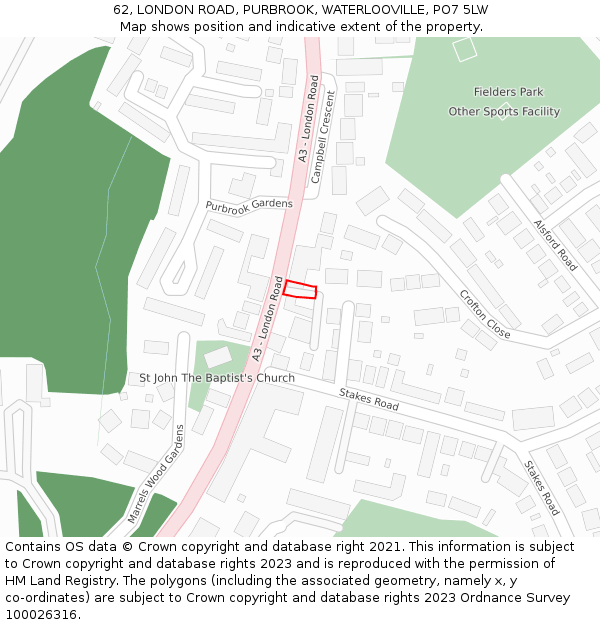 62, LONDON ROAD, PURBROOK, WATERLOOVILLE, PO7 5LW: Location map and indicative extent of plot