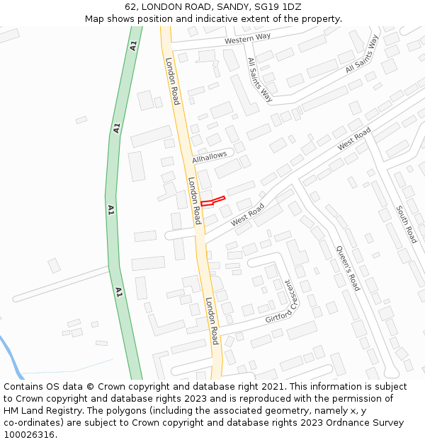 62, LONDON ROAD, SANDY, SG19 1DZ: Location map and indicative extent of plot