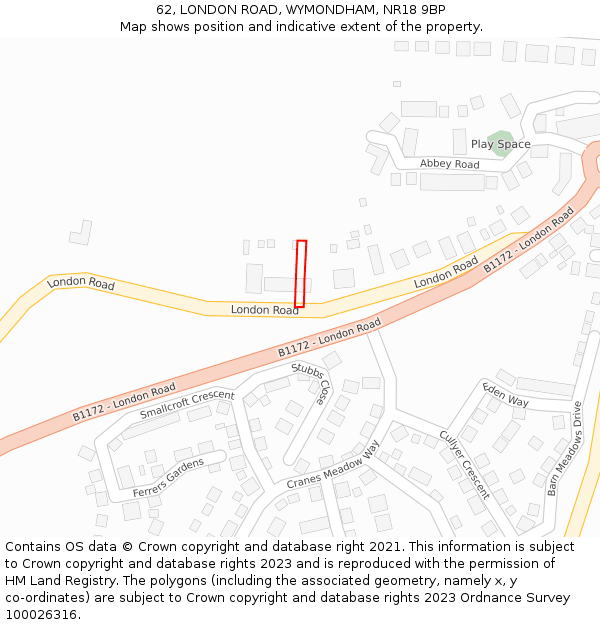 62, LONDON ROAD, WYMONDHAM, NR18 9BP: Location map and indicative extent of plot