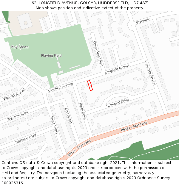 62, LONGFIELD AVENUE, GOLCAR, HUDDERSFIELD, HD7 4AZ: Location map and indicative extent of plot