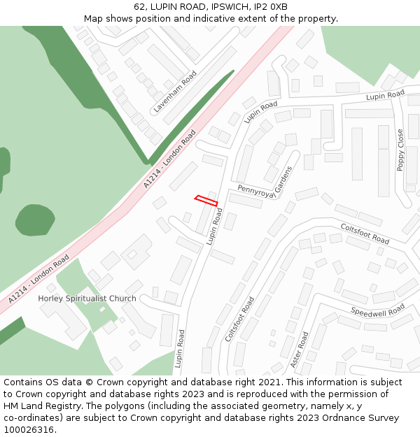 62, LUPIN ROAD, IPSWICH, IP2 0XB: Location map and indicative extent of plot