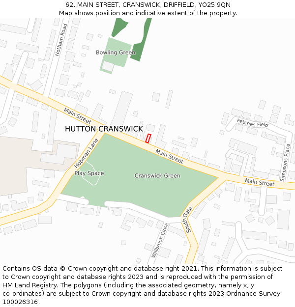 62, MAIN STREET, CRANSWICK, DRIFFIELD, YO25 9QN: Location map and indicative extent of plot