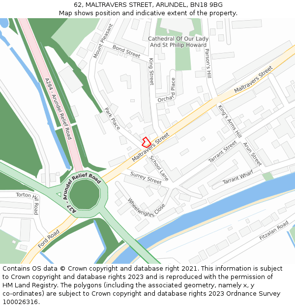 62, MALTRAVERS STREET, ARUNDEL, BN18 9BG: Location map and indicative extent of plot