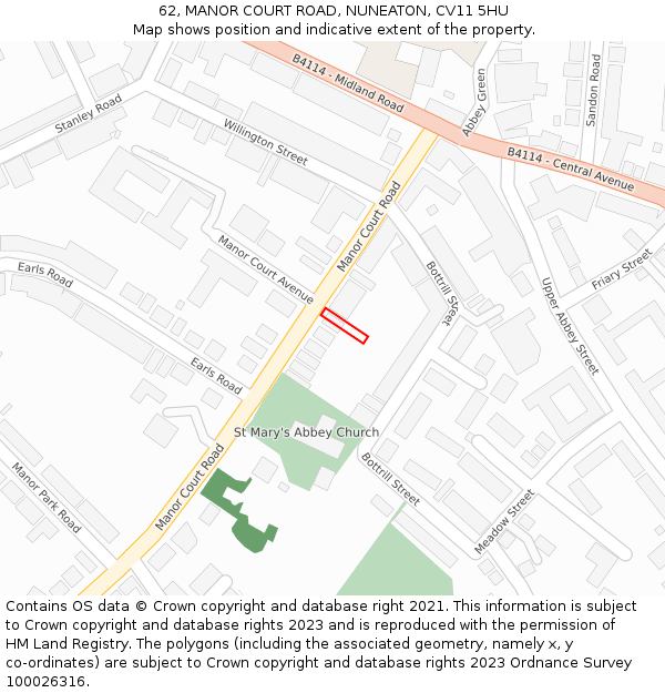 62, MANOR COURT ROAD, NUNEATON, CV11 5HU: Location map and indicative extent of plot