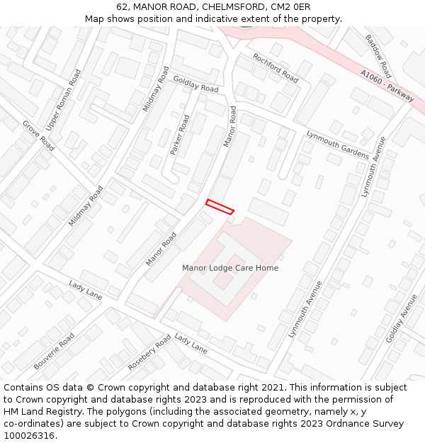 62, MANOR ROAD, CHELMSFORD, CM2 0ER: Location map and indicative extent of plot