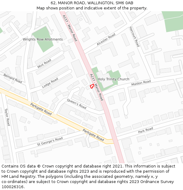 62, MANOR ROAD, WALLINGTON, SM6 0AB: Location map and indicative extent of plot