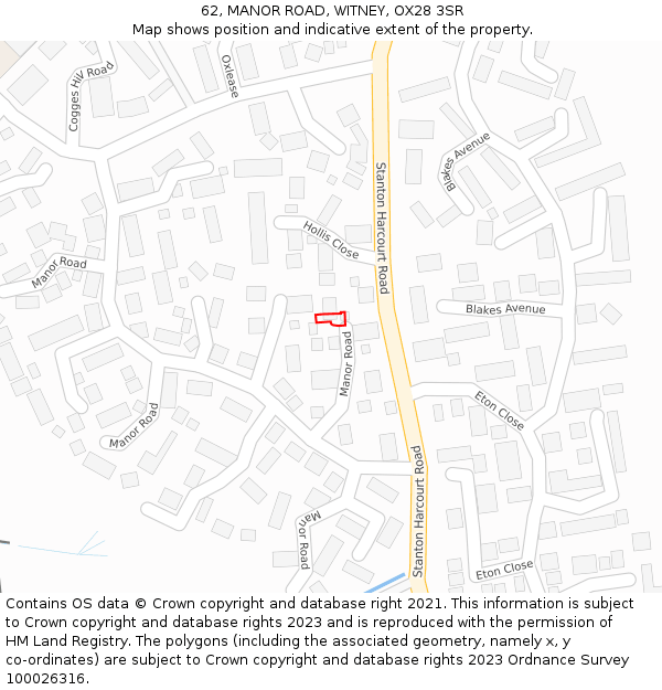 62, MANOR ROAD, WITNEY, OX28 3SR: Location map and indicative extent of plot