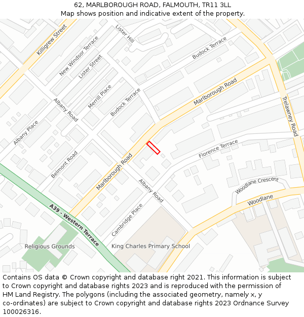 62, MARLBOROUGH ROAD, FALMOUTH, TR11 3LL: Location map and indicative extent of plot