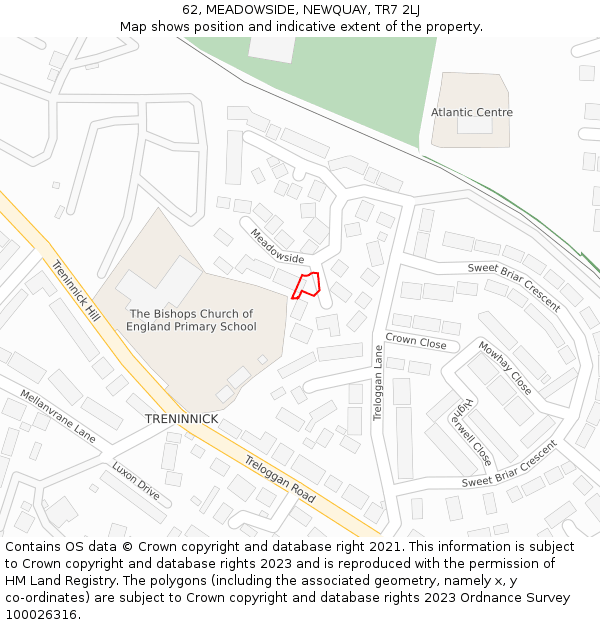 62, MEADOWSIDE, NEWQUAY, TR7 2LJ: Location map and indicative extent of plot