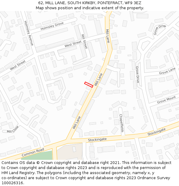 62, MILL LANE, SOUTH KIRKBY, PONTEFRACT, WF9 3EZ: Location map and indicative extent of plot