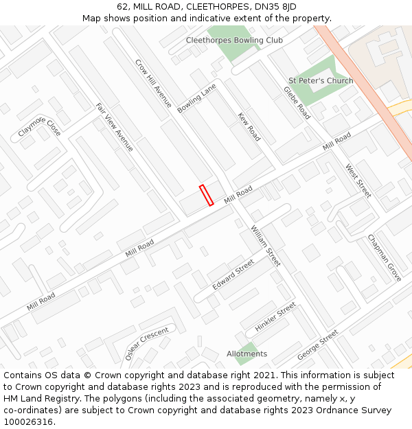 62, MILL ROAD, CLEETHORPES, DN35 8JD: Location map and indicative extent of plot